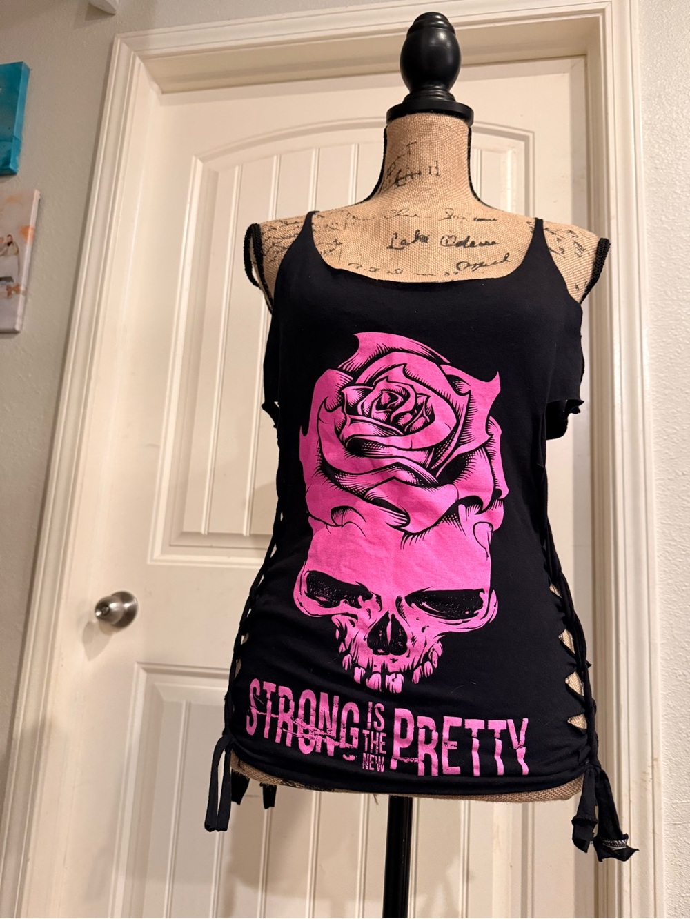 Upcycled Pink Skull & Rose Cutout Tank – Size Small